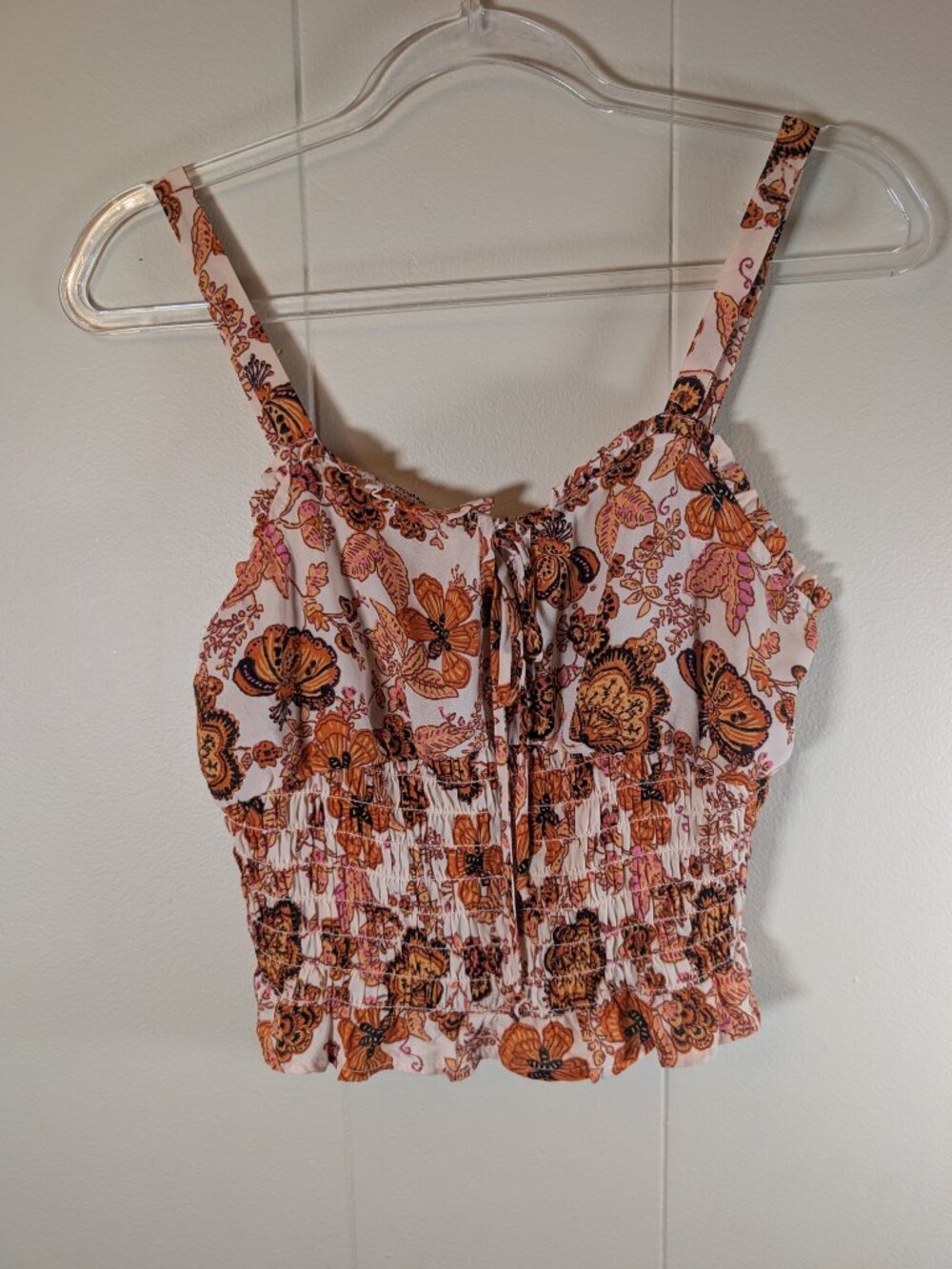 BOHO Butterfly Floral Smocked Crop Top M Sienna Sky Tie Front Cottagecore Cami